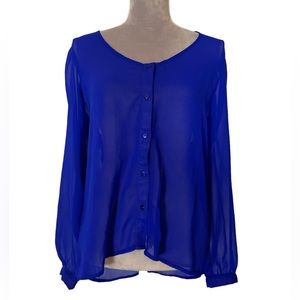 Blue sheer blouse with unique back cut out. Flowy. Button up front. Size L